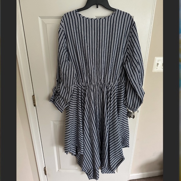 Blue Striped Roll Tab Sleeve Faux Wrap Dress - Picture 2 of 3
